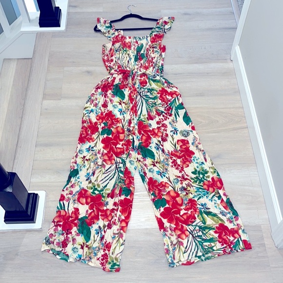 Buffalo NWT David Bitton Womens Ruffle cherry red Jumpsuit wide leg Plumeria - Picture 1 of 13